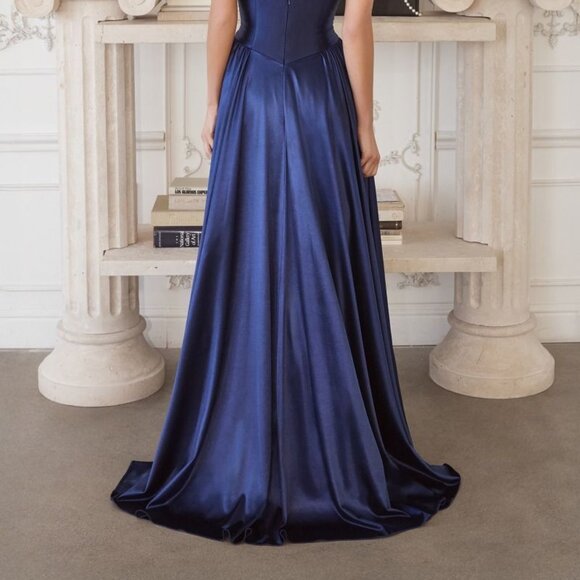 New Navy Off The Shoulder A-Line Bridesmaid Dress w/ Basque Waistline CD T821 - Picture 9 of 9